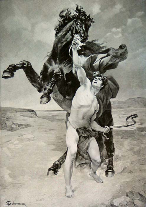 Alejandro doma a Bucéfalo, ilustración de François Schommer (1850-1935). (Public Domain)