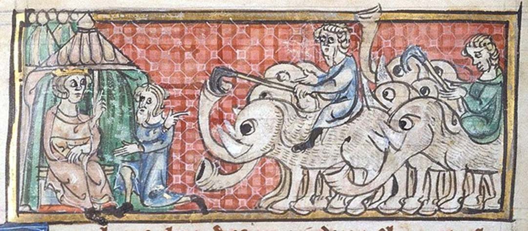 Ilustración medieval del siglo XIV en la que Alejandro parece pasar revista a un grupo de elefantes. (Public Domain)