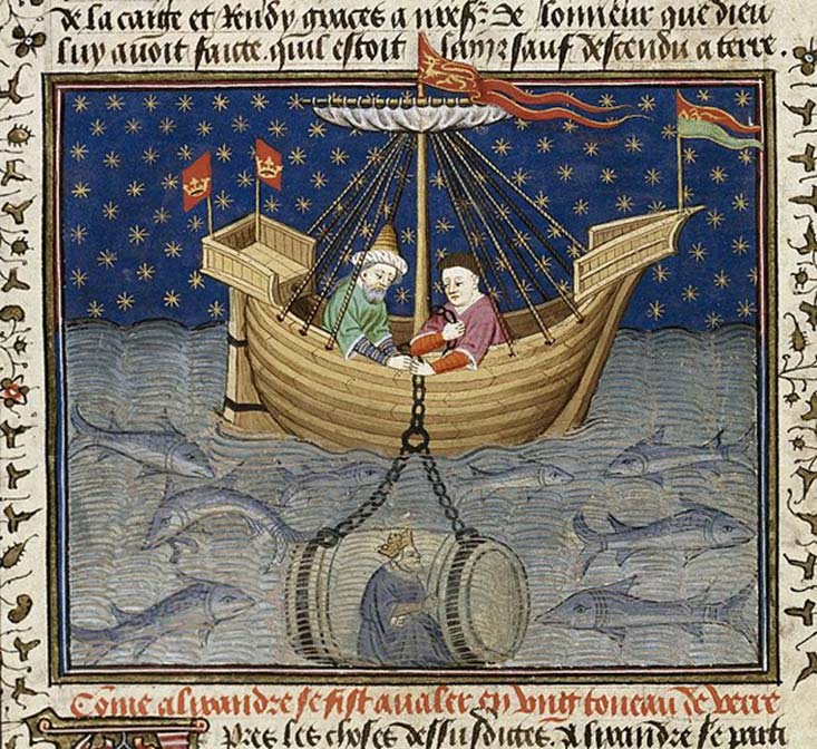‘Alejandro explora los mares en un submarino.’ (1444-1445) (Public Domain) Este es uno de los ‘Romances de Alejandro’ medievales en los que se cuentan aventuras diversas supuestamente vividas por Alejandro Magno.