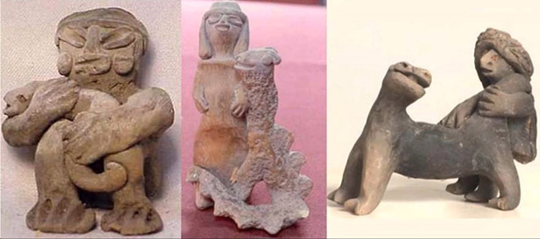 Algunas de las figuras de Acámbaro en las que aparecen humanoides y animales juntos. (The Greater Picture)