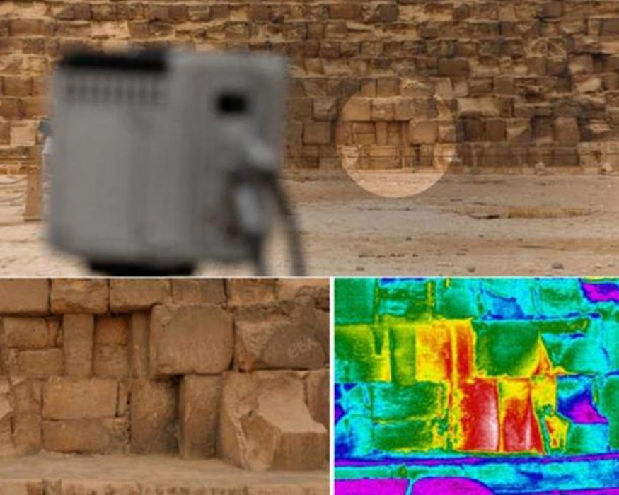 Anomalía térmica detectada a nivel del suelo en la cara este de la Gran Pirámide, también conocida como Khufu o Keops. Imágenes: Philippe Bourseiller / HIP Institute, Facultad de Ingeniería de El Cairo / Ministerio de Antigüedades. 