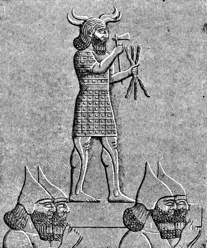 Soldados asirios de Asurbanipal portando una estatua de Adad (conocido también como Ramman), dios del trueno y las tormentas. Dibujo de Faucher-Gudin realizado a partir de un original del arqueólogo Austen Herny Layard (c. 1900) (Public Domain)