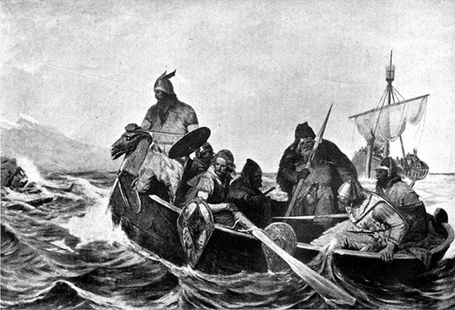 Un grupo de vikingos se dirige a tierra en un bote de remos. Ilustración de Oscar Wergeland. (Public Domain)