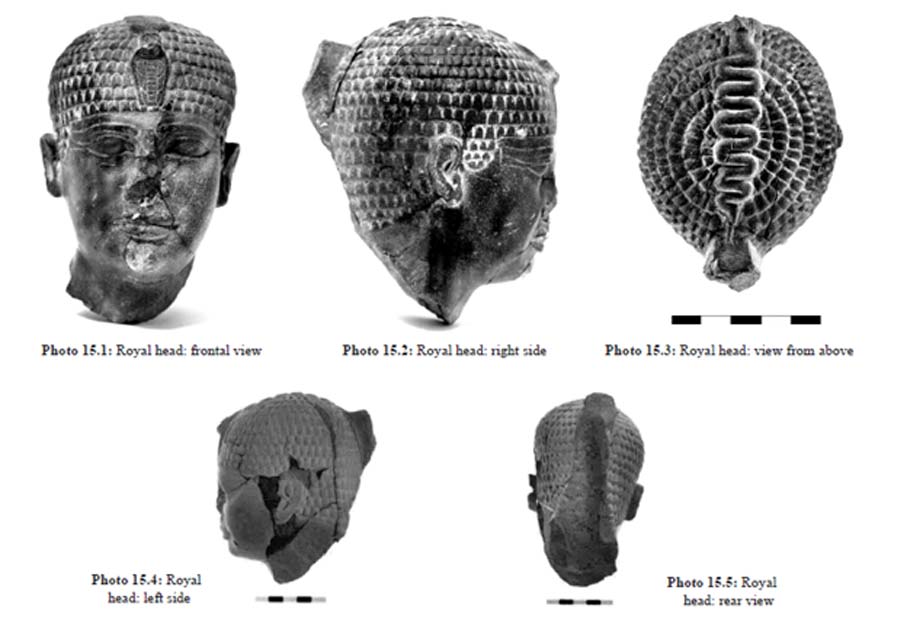 Escultura, cabeza de faraón hallada en Hazor. Imagen obtenida de “Hazor VII: Las excavaciones de 1990-2012. La Edad del Bronce” (pág. 576) (Sociedad de Exploraciones de Israel) 
