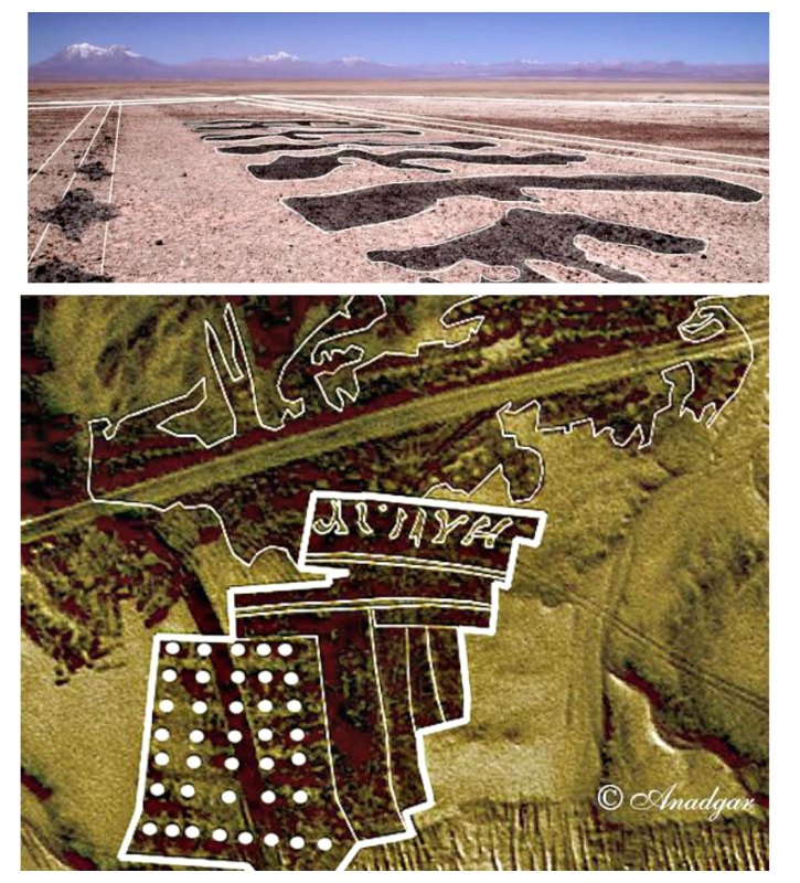 Dos de las fotografías (vía satélite y a ras del suelo) en las que se pueden observar grandes geoglifos que representan figuras y posibles letras o ideogramas. (Fotografías: Alberto Nadgar Rojas)