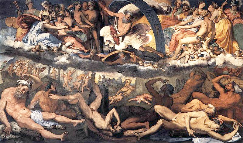 'La caída de los Gigantes' (1531-1533), fresco pintado por Perino del Vaga (1501-1547) en la Villa del Príncipe de Génova, Italia. (Dominio público)