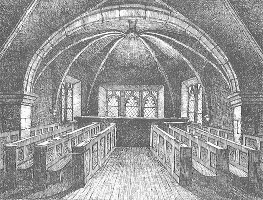 La Capilla de Santa María, en la que se encerraba a las acusadas de brujería en el siglo XVI mientras esperaban su juicio. Dibujo realizado en el año 1868 (Open Space Trust/Mither Kirk Project)