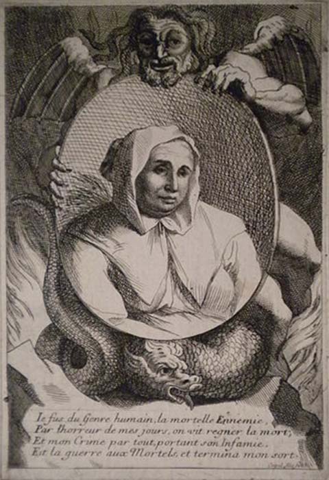 Grabado del siglo XVII en el que aparece un retrato de Catherine Deshayes sostenido por un diablo alado. (Public Domain)