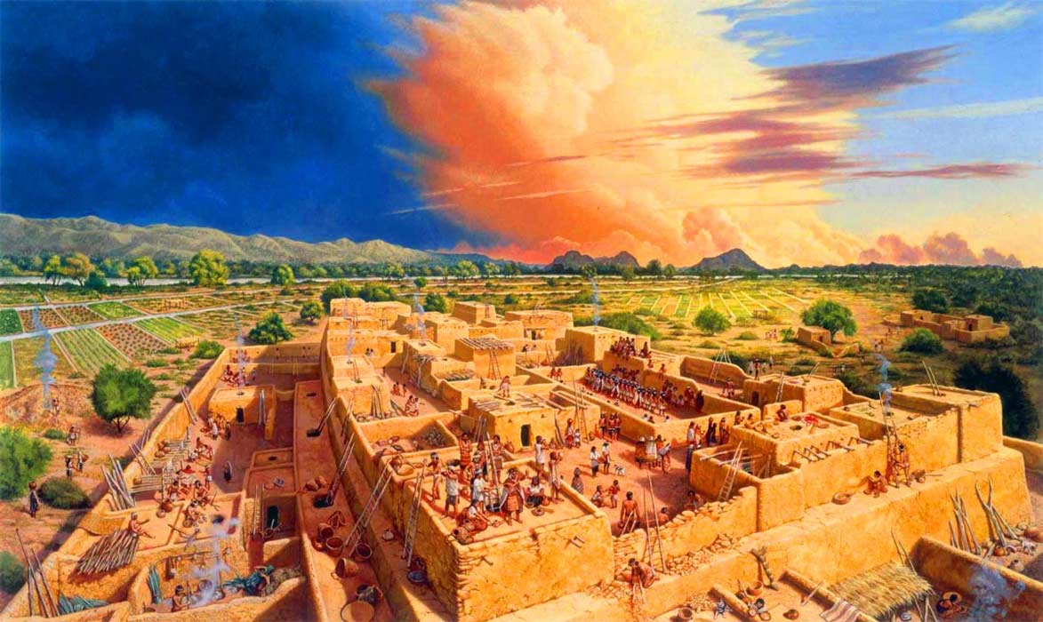 Ciudad Hohokam en torno al 1100 d. C. Ilustración de Michael Hampshire. Museo de Pueblo Grande