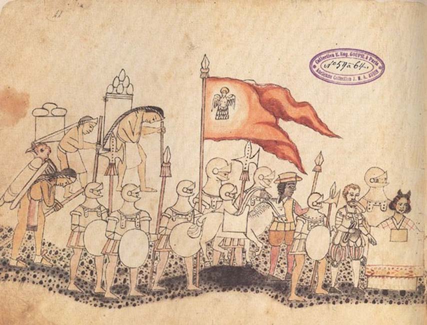 Página del Códice Azcatitlán en el que podemos ver al ejército español, con Hernán Cortés y la Malinche al frente. (Public Domain)