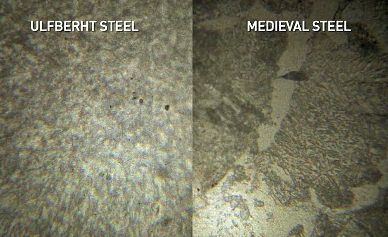 Diferentes niveles de pureza del metal. En estas dos imágenes se puede observar claramente la magnífica consistencia que presenta el acero Ulfberht, casi por completo libre de escoria. (Fotografía: La Gran Época/Screenshot/NOVA/National Geograph)