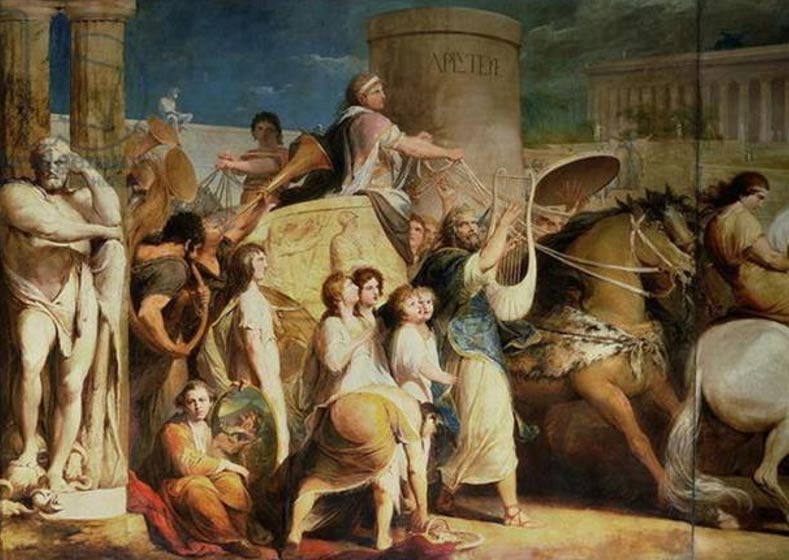 Coronación de los vencedores en los Juegos Olímpicos. Hierón de Siracusa y otros campeones en Olimpia (Dominio público)