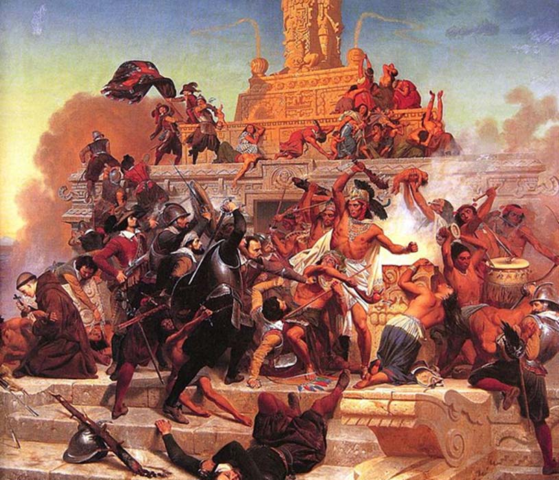 Cortés y sus soldados, protegidos con robustas corazas, se abren camino en Tenochtitlán (Dominio público)