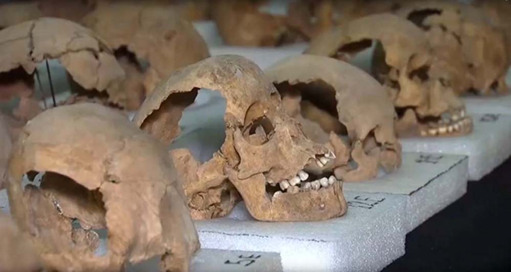 Algunos de los 676 cráneos hallados hasta ahora en el reciente descubrimiento realizado en Ciudad de México (Imagen: Youtube)