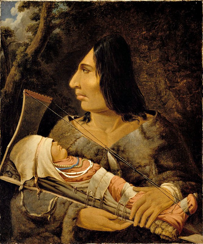 Óleo de Paul Kane (1810-1871) en el que podemos observar a un niño de la cultura Chinook durante el proceso de aplanar su cabeza y a una mujer adulta tras haber sufrido dicho proceso. Museo de Bellas Artes de Montreal, Canadá. (Public Domain)