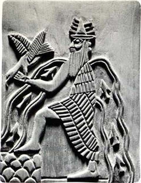 El dios sumerio Enki. Reproducción moderna de un detalle del sello de Adda (c. 2300 a. C.) (Public Domain)