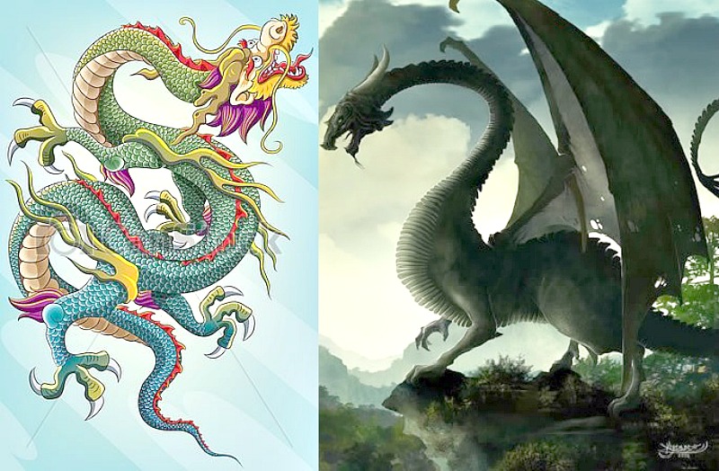 Representación de dragón chino a la izquierda y un dragón occidental a la derecha. (Imágenes: La Gran Época)