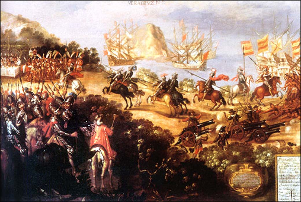 Llegada de Cortés a Veracruz y recepción por parte de los embajadores de Moctezuma (Dominio público)