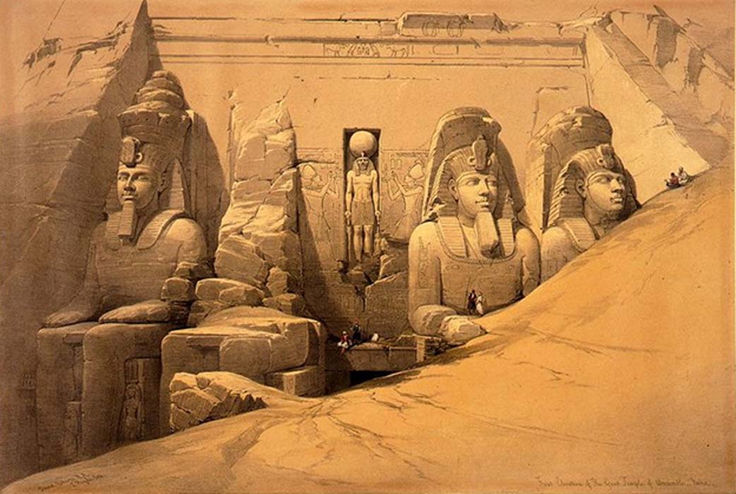 Fotografía de uno de los grabados que ilustra la obra de David Roberts ‘Egipto y Nubia’, edición de 1845-49. En él podemos observar la entrada principal de Abu Simbel semienterrada en la arena. (Dominio público)