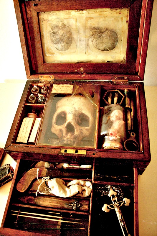 Supuestos restos de un vampiro junto con los artefactos empleados para darle caza. (Fotografía: Merrylin Cryptid Museum)