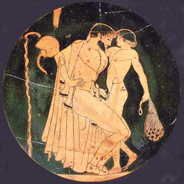 Escena de pederastia en la palestra: un hombre y un joven se disponen a hacer el amor. (Public Domain)