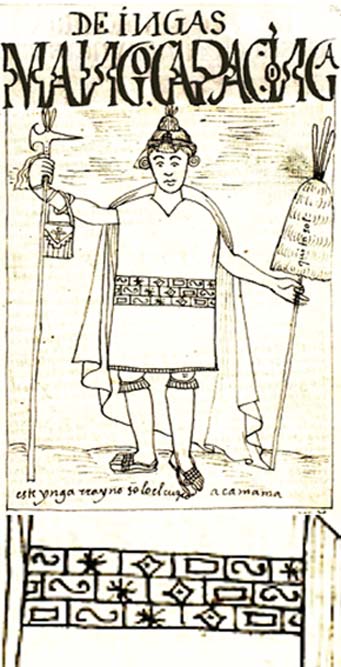 Manco Cápac, ilustración de la “Nueva crónica” de Felipe Huamán Poma de Ayala y detalle de los símbolos que decoran las ropas del rey inca. (Dominio público)