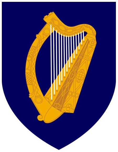 Escudo de Irlanda. Blasón: Azur y arpa dorada con cuerdas de plata. (Public Domain)