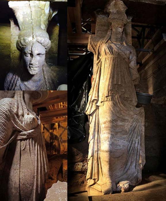 Cariátides descubiertas en la monumental tumba macedonia de Anfípolis. Fotografías: Ministerio de Cultura de Grecia