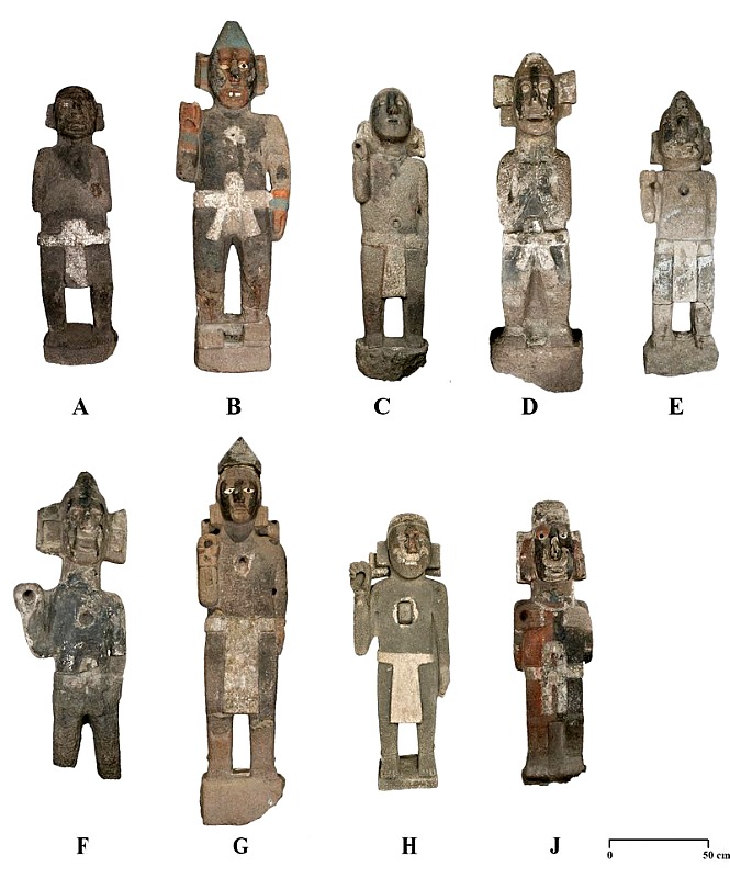 Las nueve esculturas encontradas por la arqueóloga Elsa Hernández Pons hace 39 años. (Fotografía: Mirsa Islas. Proyecto Templo Mayor INAH)