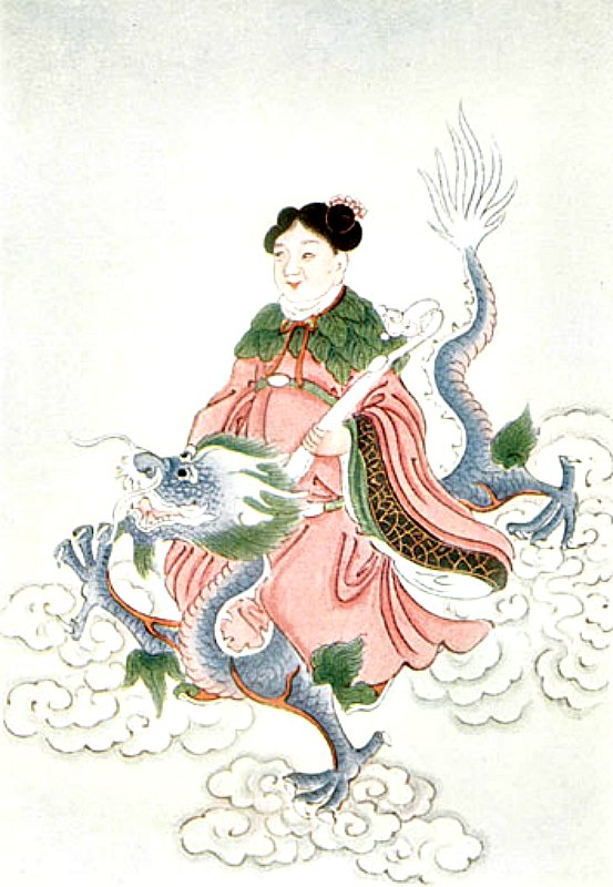 Ilustración de un espíritu chino benéfico a lomos de un loong. Werner, E. T. C. (1922) Mitos y leyendas de China. (Public Domain)