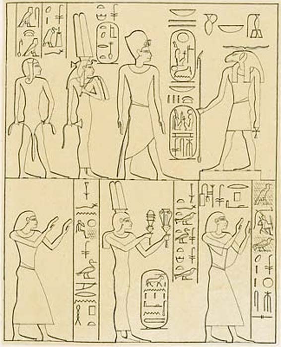 La familia de Ramsés II (parte de ella) en la Estela de Asuán. Arriba: el faraón, Isetnofret y el príncipe Khaemwaset ante Khnum. Abajo: a izquierda y derecha, príncipes Ramsés y Merneptah, en el centro, Reina Princesa Bint-Anath. (Public Domain)