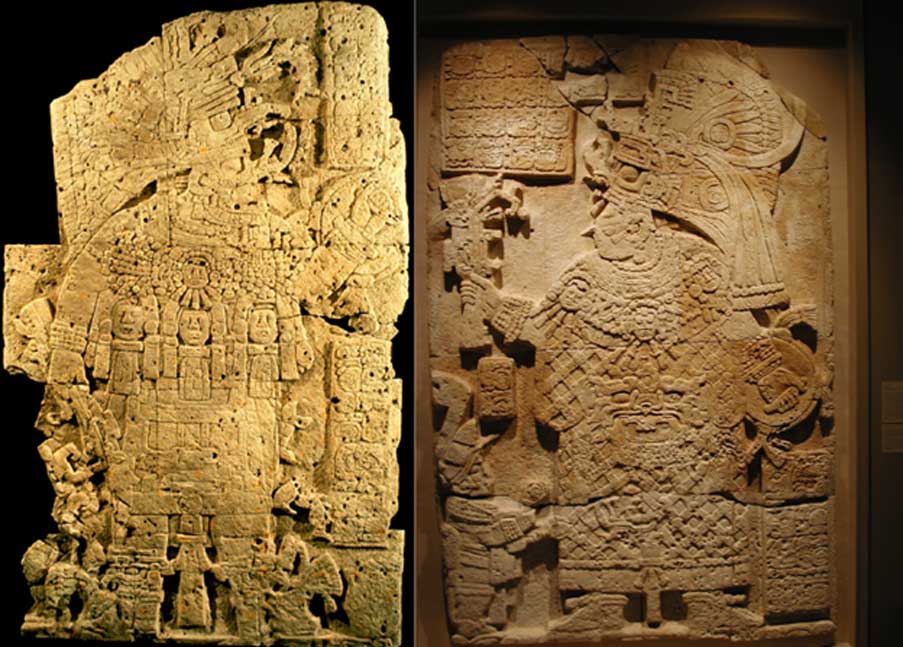 Estelas 33 (izquierda) y 34 (derecha) de El Perú, mostrando respectivamente al rey K’inich Bahlam II y a la Señora K'abel. (Proyecto Arqueológico El Perú-Waka')