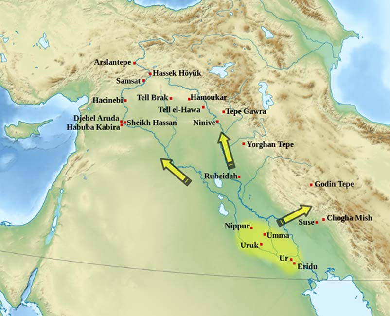La expansión cultural de Uruk, 3600 a. C. – 3200 a. C. (CC BY-SA 3.0)