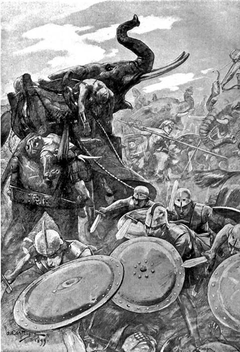 La falange ataca el centro enemigo en la batalla del río Hidaspes, ilustración de André Castaigne (1898–1899). (Public Domain)