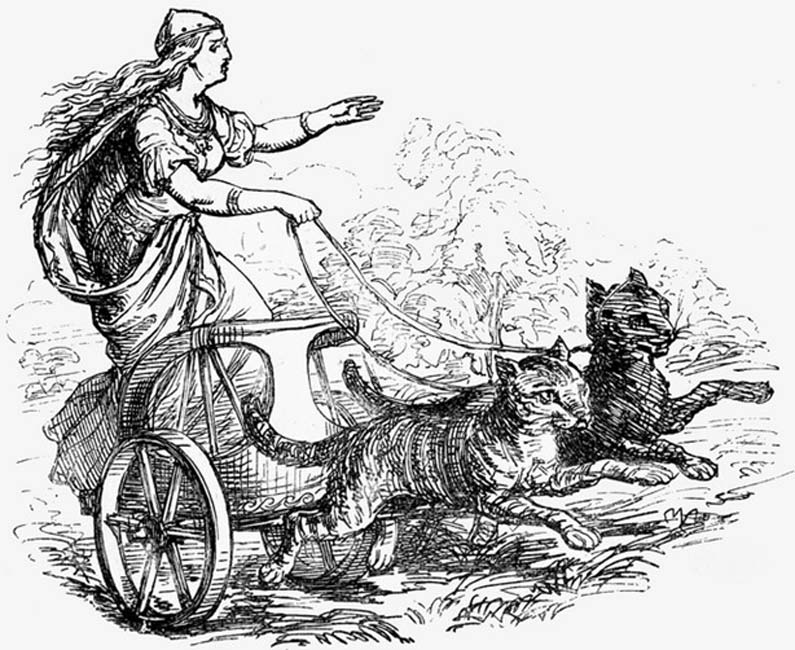 Freyja en su carro tirado por gatos. (CC BY NC 2.0)