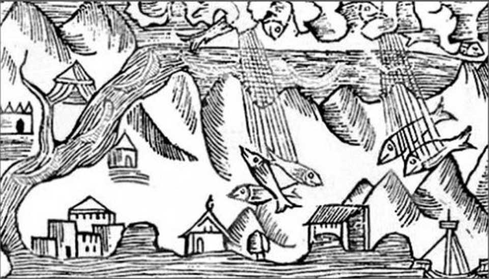 Grabado de 1555 en el que se observa una lluvia de peces. (Dominio público)