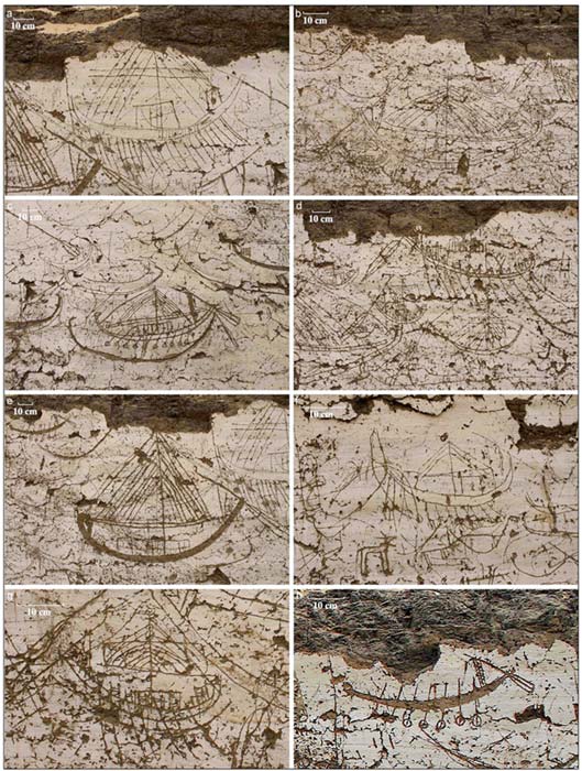 Diversas imágenes de embarcaciones grabadas sobre el muro norte de la estructura. (J. Wegner)