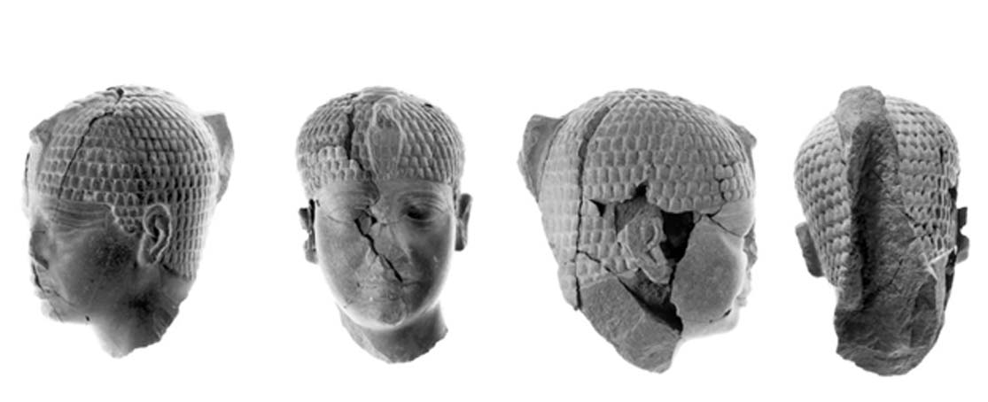 Las grietas presentes en la escultura de la cabeza del faraón son evidentes en estas fotos. (Gaby Laron / Universidad Hebrea / Fundación Selz: Excavaciones en memoria de Yigael Yadin)