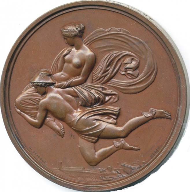 Hermes desciende del monte Olimpo con Pandora en sus brazos y llevando su sombrero de viajero. (Medalla basada en un diseño de John Flaxman). (Dominio público)