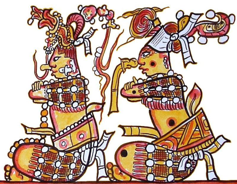 Los héroes gemelos del Popol Vuh, Huhnapú e Ixbalanqué. Dibujo realizado a partir de la decoración de una antigua pieza cerámica maya. (Lacambalam-CC BY-SA 4.0)