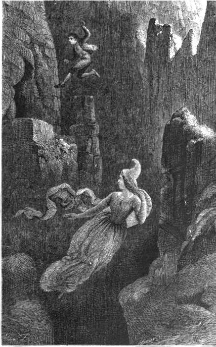 Grabado en el que se observa a un hombre saltando al vacío en un precipicio mientras persigue a una mujer de raza élfica. Ilustración de la leyenda islandesa de Hildur, reina de los Elfos. (Public Domain)