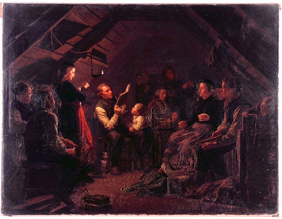 Kvöldvaka (reunión nocturna) en un hogar islandés, óleo de August Schiøtt (1823 - 1895) (Imagen original)