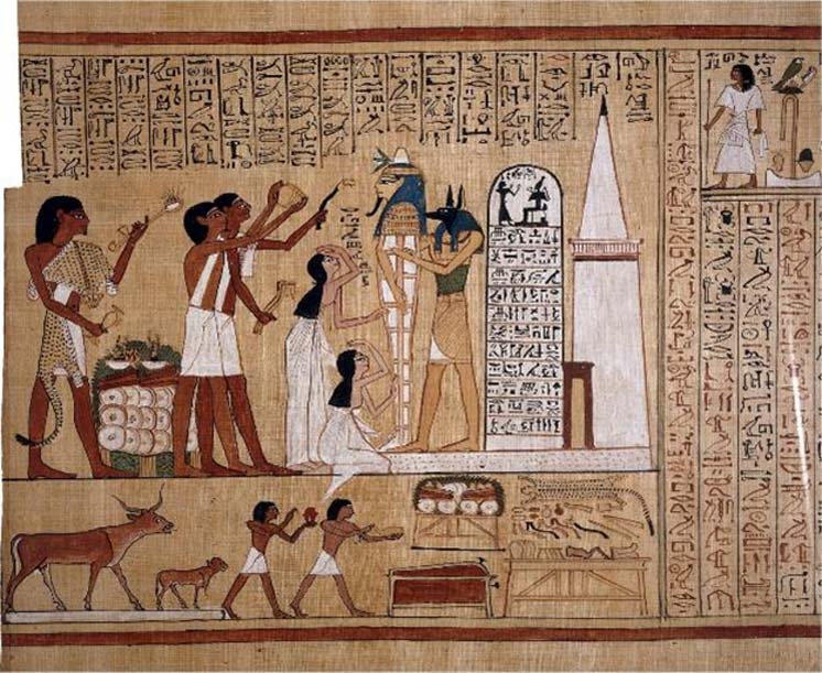 Ilustración del ‘Libro de los muertos’ de Hunefer. (Dominio público) En el extremo izquierdo un sacerdote lleva puesto el fetiche Imiut mientras se realiza un ritual con la momia.