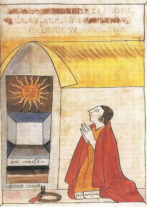 Ilustración del siglo XVII realizada por Martín de Murúa en la que podemos ver al inca Pachacútec rezando a Inti, el dios del Sol. (Public Domain)