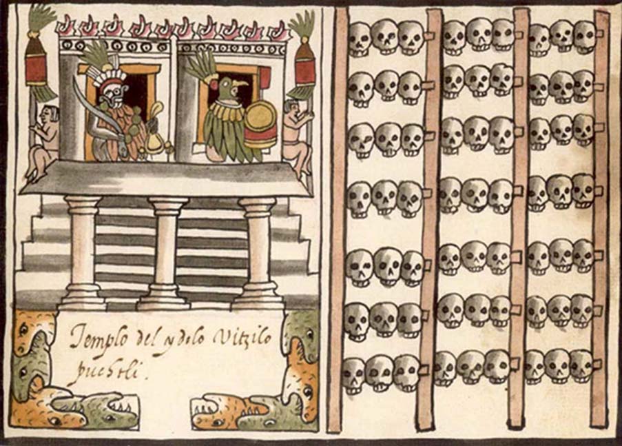 Antigua ilustración de un tzompantli junto a un templo azteca. (Dominio público)