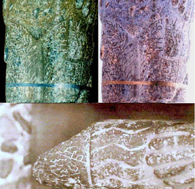 Arriba: Inscripciones en las piernas del Monolito de Pokotia. Abajo: Detalle de las inscripciones sobre la mano izquierda del Monolito de Pokotia. (Fotografías aportadas por el autor)