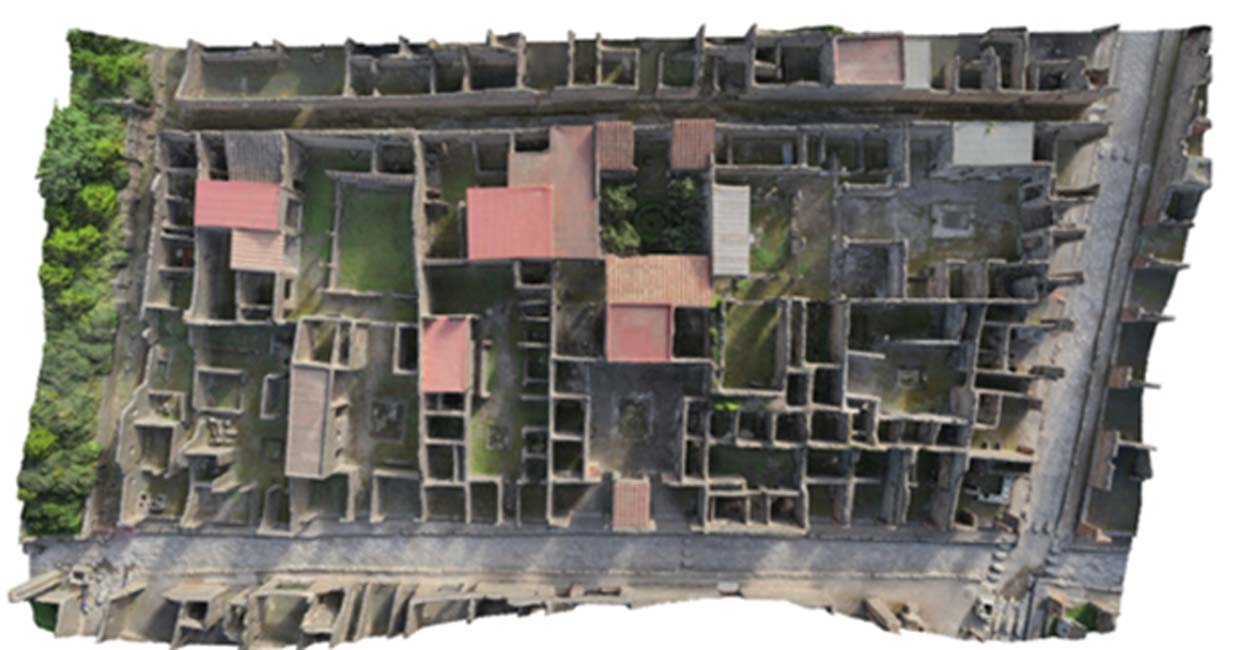 La Insula VI, el bloque de la antigua Pompeya reconstruido digitalmente por arqueólogos suecos, a vista de pájaro. (Proyecto Pompeya)