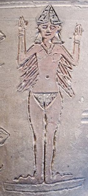 Figura desnuda de Ishtar incisa sobre la superficie de una pieza cerámica. Louvre/Wikimedia