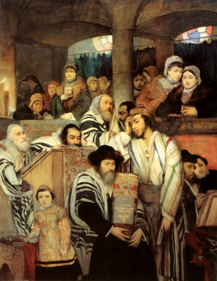 ‘Judíos rezando en la sinagoga el día de Yom Kippur’, óleo de Maurycy Gottlieb (Public Domain)