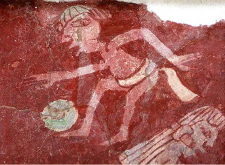Detalle de una reproducción del mural de Tepantitla de Teotihuacán en la que se observa la figura de un jugador de pelota. (CC by SA 2.0)